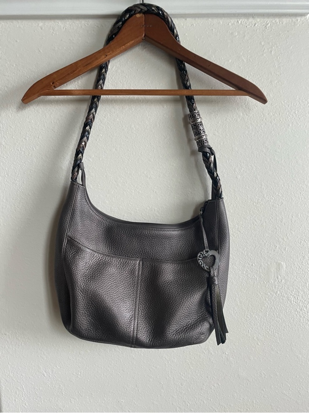 Brighton Barbados Ziptop Hobo Leather Shoulder Bag - Zinc Pearl